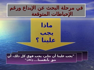 10
10
]
‫ن‬‫أ‬ ،‫ذلك‬ ‫كل‬ ‫فوق‬ ]
‫ب‬‫يج‬ ،‫نثابر‬ ‫أن‬ ‫علينا‬ ]
‫ب‬‫"يج‬
‫]نا‬
‫س‬‫بأنف‬ ‫نثق‬
"‫ونعمل‬ .....
‫ماذا‬
‫يجب‬
‫؟‬ ‫علينا‬
‫ورغم‬ ‫اإلبداع‬ ‫عن‬ ‫البحث‬ ‫مرحلة‬ ‫في‬
‫ورغم‬ ‫اإلبداع‬ ‫عن‬ ‫البحث‬ ‫مرحلة‬ ‫في‬
‫المتوقعة‬ ‫اإلحباطات‬
‫المتوقعة‬ ‫اإلحباطات‬
 