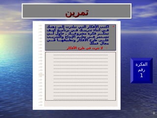 9
9
..........................................................
..........................................................
..........................................................
..........................................................
..........................................................
..........................................................
..........................................................
..........................................................
..........................................................
..........................................................
..........................................................
..........................................................
..........................................................
..........................................................
‫الفكرة‬
‫رقم‬
1
‫تمرين‬
‫تمرين‬
•
‫ذهن]ك‬ ‫إل]ى‬ ‫]درت‬
‫ا‬‫تب‬ ‫الت]ي‬ ‫األفكار‬ ‫اكت]ب‬
‫ذهن]ك‬ ‫إل]ى‬ ‫]درت‬
‫ا‬‫تب‬ ‫الت]ي‬ ‫األفكار‬ ‫اكت]ب‬
‫]ج‬
]‫برنام‬ ‫]ي‬
]‫ف‬ ‫]ك‬
]‫تدريب‬ ‫أثناء‬ ‫]ي‬
]‫ف‬
‫]ج‬
]‫برنام‬ ‫]ي‬
]‫ف‬ ‫]ك‬
]‫تدريب‬ ‫أثناء‬ ‫]ي‬
]‫ف‬
‫كي]]ف‬
‫كي]]ف‬
‫مشروع]]]ك‬ ‫فكرة‬ ‫تبتك]]]ر‬
‫مشروع]]]ك‬ ‫فكرة‬ ‫تبتك]]]ر‬
‫أ]]]ن‬ ‫حاول‬ ,
‫أ]]]ن‬ ‫حاول‬ ,
‫والتدري]]ب‬ ‫اإلبداع‬ ‫تعل]]م‬ ‫ف]]ي‬ ‫تس]]تمر‬
‫والتدري]]ب‬ ‫اإلبداع‬ ‫تعل]]م‬ ‫ف]]ي‬ ‫تس]]تمر‬
‫ف]]]ي‬ ‫وتطبيقه]]]ا‬ ‫األفكار‬ ‫طرح‬ ‫عل]]]ى‬
‫ف]]]ي‬ ‫وتطبيقه]]]ا‬ ‫األفكار‬ ‫طرح‬ ‫عل]]]ى‬
‫عملك‬ ‫مجال‬
‫عملك‬ ‫مجال‬
–
‫األفكار‬ ‫طرح‬ ‫في‬ ‫تتردد‬ ‫ال‬
‫األفكار‬ ‫طرح‬ ‫في‬ ‫تتردد‬ ‫ال‬
 