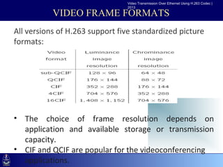 Video Transmission Over Ethernet Using H.263 Codec |
                                2013

           VIDEO FRAME FORMATS
All versions of H.263 support five standardized picture
formats:
•Click to edit Master text styles
   –Second level
      •Third level
         –Fourth level
            »Fifth level




• The choice of frame resolution depends on
  application and available storage or transmission
  capacity.
• CIF and QCIF are popular for the videoconferencing
  applications.
 