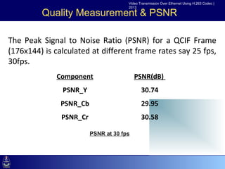 Video Transmission Over Ethernet Using H.263 Codec |
                                         2013

         Quality Measurement & PSNR

The Peak Signal to Noise Ratio (PSNR) for a QCIF Frame
  •Click to calculated at text styles
(176x144) is edit Masterdifferent frame rates say 25 fps,
    –Second level
30fps.
       •Third level
             Component
          –Fourth level                      PSNR(dB)
             »Fifth level
              PSNR_Y                            30.74
              PSNR_Cb                           29.95
              PSNR_Cr                           30.58

                            PSNR at 30 fps
 