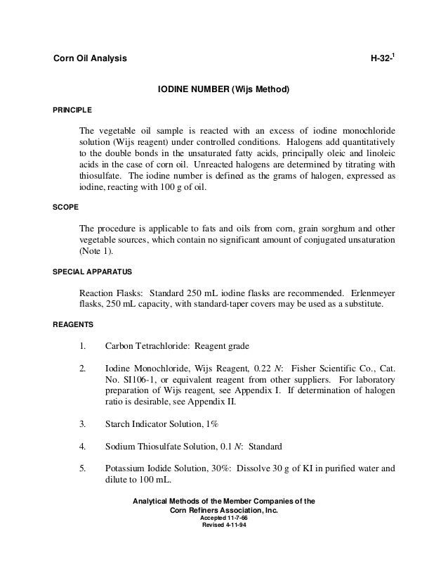 wijs method iodine value The tests shown below are mandatory for all full analyst members in the oils and fats section test no 5 determination of iodine value (wijs) (reference method). wijs method iodine value The tests shown below are mandatory for all full analyst members in the oils and fats section test no 5 determination of iodine value (wijs) (reference method).