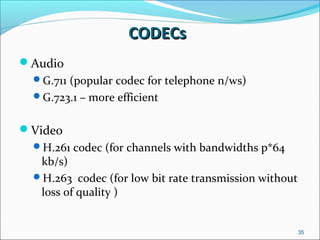 CODECsCODECs
Audio
G.711 (popular codec for telephone n/ws)
G.723.1 – more efficient
Video
H.261 codec (for channels with bandwidths p*64
kb/s)
H.263 codec (for low bit rate transmission without
loss of quality )
35
 