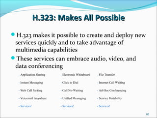 H.323: Makes All PossibleH.323: Makes All Possible
H.323 makes it possible to create and deploy new
services quickly and to take advantage of
multimedia capabilities
These services can embrace audio, video, and
data conferencing
- Application Sharing - Electronic Whiteboard - File Transfer
- Instant Messaging - Click to Dial - Internet Call Waiting
- Web Call Parking - Call No-Waiting - Ad-Hoc Conferencing
- Voicemail Anywhere - Unified Messaging - Service Portability
- Services! - Services! - Services!
60
 