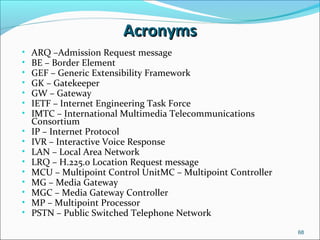 AcronymsAcronyms
• ARQ –Admission Request message
• BE – Border Element
• GEF – Generic Extensibility Framework
• GK – Gatekeeper
• GW – Gateway
• IETF – Internet Engineering Task Force
• IMTC – International Multimedia Telecommunications
Consortium
• IP – Internet Protocol
• IVR – Interactive Voice Response
• LAN – Local Area Network
• LRQ – H.225.0 Location Request message
• MCU – Multipoint Control UnitMC – Multipoint Controller
• MG – Media Gateway
• MGC – Media Gateway Controller
• MP – Multipoint Processor
• PSTN – Public Switched Telephone Network
68
 