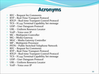 AcronymsAcronyms
• RFC – Request for Comments
• RTP – Real-Time Transport Protocol
• RTCP – Real-time Transport Control Protocol
• TCS – H.245 Terminal Capability Set message
• UDP – User Datagram Protocol
• URL – Uniform Resource Locator
• VoIP – Voice over IP
• MC – Multipoint Controller
• MG – Media Gateway
• MGC – Media Gateway Controller
• MP – Multipoint Processor
• PSTN – Public Switched Telephone Network
• RFC – Request for Comments
• RTP – Real-Time Transport Protocol
• RTCP – Real-time Transport Control Protocol
• TCS – H.245 Terminal Capability Set message
• UDP – User Datagram Protocol
• URL – Uniform Resource Locator
• VoIP – Voice over IP
69
 