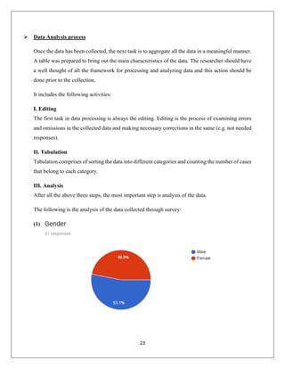 23
 Data Analysis process
Once the data has been collected, the next task is to aggregate all the data in a meaningful manner.
A table was prepared to bring out the main characteristics of the data. The researcher should have
a well thought of all the framework for processing and analyzing data and this action should be
done prior to the collection.
It includes the following activities:
I. Editing
The first task in data processing is always the editing. Editing is the process of examining errors
and omissions in the collected data and making necessary corrections in the same (e.g. not needed
responses).
II. Tabulation
Tabulation comprises of sorting the data into different categories and counting the number of cases
that belong to each category.
III. Analysis
After all the above three steps, the most important step is analysis of the data.
The following is the analysis of the data collected through survey:
(1)
 
