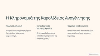 Η Κληρονομιά της Καρολίδειας Αναγέννησης
Πολιτιστική Ακμή
Η Καρολίδεια Αναγέννηση άφησε
ένα πλούσιο πολιτιστικό
κληροδότημα.
Εκπαιδευτικές
Μεταρρυθμίσεις
Οι μεταρρυθμίσεις στην
εκπαίδευση επηρέασαν τις
επόμενες γενιές.
Θεμέλια της Ευρώπης
Η περίοδος αυτή έθεσε τα θεμέλια
για την ανάπτυξη της νεότερης
Ευρώπης.
 
