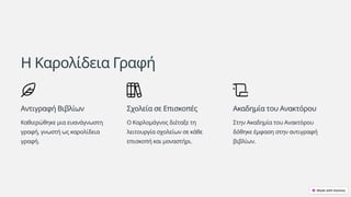 Η Καρολίδεια Γραφή
Αντιγραφή Βιβλίων
Καθιερώθηκε μια ευανάγνωστη
γραφή, γνωστή ως καρολίδεια
γραφή.
Σχολεία σε Επισκοπές
Ο Καρλομάγνος διέταξε τη
λειτουργία σχολείων σε κάθε
επισκοπή και μοναστήρι.
Ακαδημία του Ανακτόρου
Στην Ακαδημία του Ανακτόρου
δόθηκε έμφαση στην αντιγραφή
βιβλίων.
 