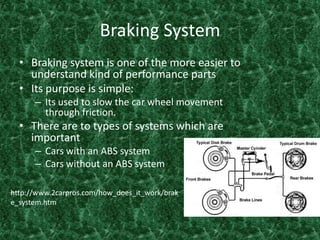 Braking System Braking system is one of the more easier to understand kind of performance parts Its purpose is simple:Its used to slow the car wheel movement through friction. There are to types of systems which are important Cars with an ABS system Cars without an ABS system http://www.2carpros.com/how_does_it_work/brake_system.htm