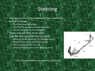 Steering Steering is a lot more complicated then one thinks At first its simple Turn the steering wheel The front tires move toward that side Whole car turns to that direction It goes beyond these three steps Now the steering wheel has four parts Steering wheel connects to steering system Which connects to the tracking rods They connect to the tie rods Finally they connect to the steering arms http://www.carbibles.com/steering_bible.html