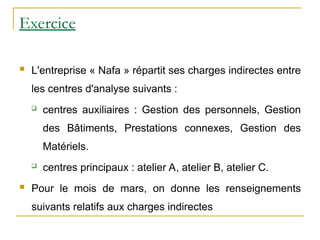 Exercice
 L'entreprise « Nafa » répartit ses charges indirectes entre
les centres d'analyse suivants :
 centres auxiliaires : Gestion des personnels, Gestion
des Bâtiments, Prestations connexes, Gestion des
Matériels.
 centres principaux : atelier A, atelier B, atelier C.
 Pour le mois de mars, on donne les renseignements
suivants relatifs aux charges indirectes
 
