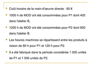  Coût horaire de la main-d'œuvre directe : 60 €
 1000 h de MOD ont été consommées pour P1 dont 400
dans l'atelier B,
 1200 h de MOD ont été consommées pour P2 dont 600
dans l'atelier B.
 Les heures machines se répartissent entre les produits à
raison de 80 h pour P1 et 120 h pour P2.
 Il a été fabriqué dans la période considérée 1 000 unités
de P1 et 1 500 unités de P2.
 