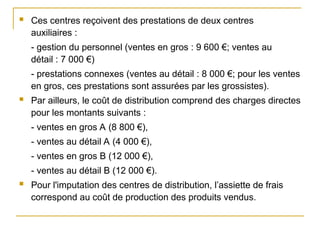  Ces centres reçoivent des prestations de deux centres
auxiliaires :
- gestion du personnel (ventes en gros : 9 600 €; ventes au
détail : 7 000 €)
- prestations connexes (ventes au détail : 8 000 €; pour les ventes
en gros, ces prestations sont assurées par les grossistes).
 Par ailleurs, le coût de distribution comprend des charges directes
pour les montants suivants :
- ventes en gros A (8 800 €),
- ventes au détail A (4 000 €),
- ventes en gros B (12 000 €),
- ventes au détail B (12 000 €).
 Pour l'imputation des centres de distribution, l’assiette de frais
correspond au coût de production des produits vendus.
 