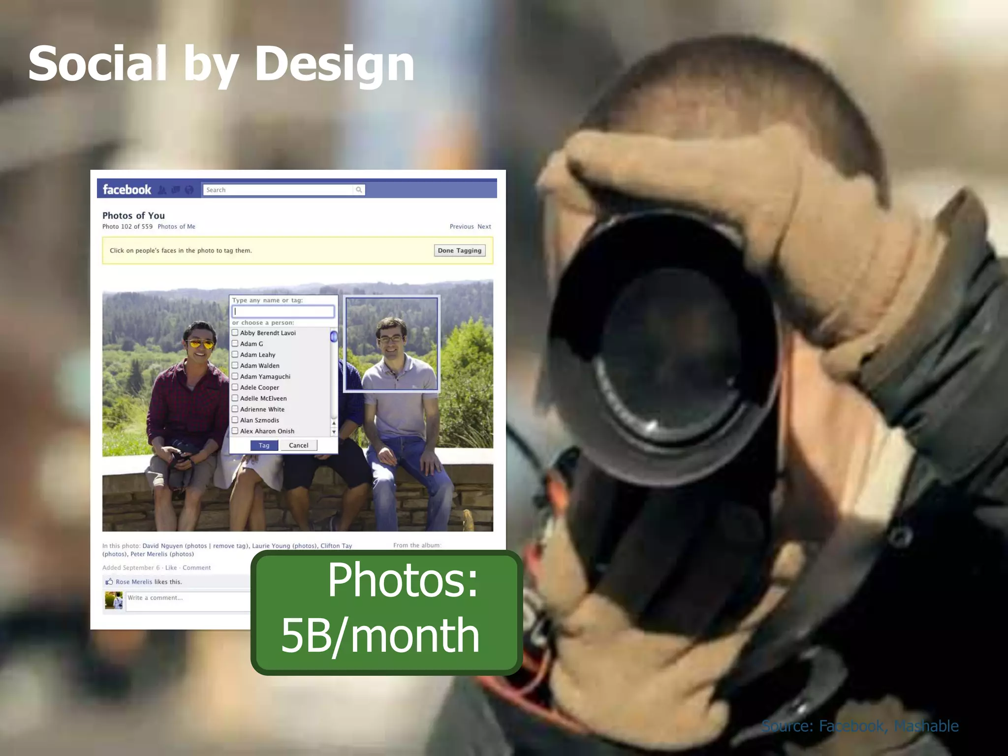 Social by Design




            Photos:
          5B/month
                      Source: Facebook, Mashable
 