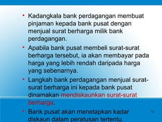 
Kadangkala bank perdagangan membuat
pinjaman kepada bank pusat dengan
menjual surat berharga milik bank
perdagangan.

Apabila bank pusat membeli surat-surat
berharga tersebut, ia akan membayar pada
harga yang lebih rendah daripada harga
yang sebenarnya.

Langkah bank perdagangan menjual surat-
surat berharga ini kepada bank pusat
dinamakan mendiskaunkan surat-surat
berharga.

Bank pusat akan menetapkan kadar
diskaun dalam peratusan tertentu.
12
 