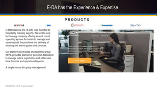 E-DA has the Experience & Expertise
CONFIDENTIAL © 2016 :: Powered by destin™
e-destinaccess, Inc. (E-DA) was founded by
hospitality industry experts. We are the only
technology company offering an end to end
operating system for hotels to manage lead
sourcing and the purchase and delivery of
meeting and events goods and services.
Our platform centralizes and qualifies group
RFPs, provides planners a personal dashboard
to manage online registration and utilize real
time financial and operational reports.
A single source for group management!
 
