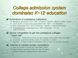 College admission system dominates K-12 education Dominance of prestigious institutions Ministers graduated from ‘SKY University’: 68.4%, 288/421(1980~2002) Chief public prosecutors graduated from ‘SNU’ : 72.5%(2002) CEO graduated from ‘SKY University’ : 39.8%, 1,703/4,281(2002) Congressmen  graduated from ‘SKY University’ : 57.1%, 156/273(2002) Severe competition to get into prestigious colleges : “exam hell” Teachers:  Pressure to focus on test-taking skills rather than life skills Students: Learning burden, lack of motivation to learn  Parents  : Private costs of education (2% of GDP on private tutoring) Policies to subdue excess competition Ban on private tutoring by Law(1980-2002) High School Leveling Policy for last 30 years Debate between egalitarianism and elitism 