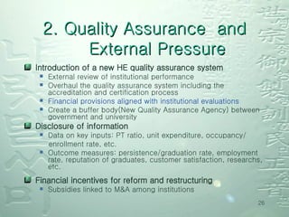 2. Quality Assurance  and External Pressure Introduction of a new HE quality assurance system External review of institutional performance  Overhaul the quality assurance system including the accreditation and certification process Financial provisions aligned with institutional evaluations Create a buffer body(New Quality Assurance Agency) between government and university Disclosure of information   Data on key inputs: PT ratio, unit expenditure, occupancy/ enrollment rate, etc. Outcome measures: persistence/graduation rate, employment rate, reputation of graduates, customer satisfaction, researchs, etc. Financial incentives for reform and restructuring   Subsidies linked to M&A among institutions 