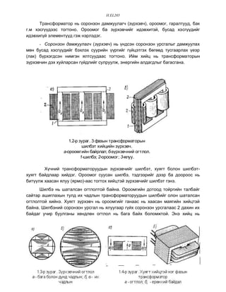 H.EL205

      Òðàíñôîðìàòîð íü ñîðîíçîí äàìæóóëàã÷ (ç¿ðõýâ÷), îðîîìîã, ãàðàëòóóä, áàê
ã.ì õýñã¿¿äýýñ òîãòîíî. Îðîîìîã áà ç¿ðõýâ÷èéã èäýâõèòýé, áóñàä õýñã¿¿äèéã
èäýâõèã¿é ýëåìåíò¿¿ä ãýæ íýðëýäýã.
      - Ñîðîíçîí äàìæóóëàã÷ (ç¿ðõýâ÷) íü ¿íäñýí ñîðîíçîí óðñãàëûã äàìæóóëàõ
ìºí áóñàä õýñã¿¿äèéã áýõëýõ ñóóðèéí ¿¿ðãèéã ã¿éöýòãýõ áºãººä òóñãààðëàõ ¿åýð
(ëàê) á¿ðõýãäñýí íèìãýí ÿëòñóóäààñ òîãòîíî. Èéì õèéö íü òðàíñôîðìàòîðûí
ç¿ðõýâ÷èí äýõ õóéëàðñàí ã¿éäëèéã ñóëðóóëæ, ýíåðãèéí àëäàãäëûã áàãàñãàíà.




                   1.2-ð çóðàã. 3 ôàçûí òðàíñôîðìàòîðûí
                           øèëáýò õèéöèéí ç¿ðõýâ÷.
                à-îðîîìãèéí áàéðëàë; á-ç¿ðõýâ÷íèé îãòëîë.
                          1-øèëáý; 2-îðîîìîã; 3-ÿëóó.

        Õ¿÷íèé òðàíñôîðìàòîðóóäûí ç¿ðõýâ÷èéã øèëáýò, õóÿãò áîëîí øèëáýò-
õóÿãò áàéäëààð õèéäýã. Îðîîìîã ñóóñàí øèëáý, òýäãýýðèéã äýýð áà äîîðîîñ íü
áèò¿¿ëæ õààñàí ÿëóó (ÿðìî)-ààñ òîãòîõ õèéöòýé ç¿ðõýâ÷èéã øèëáýò ãýíý.
      Øèëáý íü øàòàëñàí îãòëîëòîé áàéíà. Îðîîìãèéí äîòîîä òîéðãèéí òàëáàéã
ñàéòàð àøèãëàõûí òóëä èõ ÷àäëûí òðàíñôîðìàòîðóóäûí øèëáèéã îëîí øàòàëñàí
îãòëîëòîé õèéíý. Õóÿãò ç¿ðõýâ÷ íü îðîîìãèéã ãàíààñ íü õààñàí ìàÿãèéí õèéöòýé
áàéíà. Øèëáýíèé ñîðîíçîí óðñãàë íü ÿëóóãààð ã¿éõ ñîðîíçîí óðñãàëààñ 2 äàõèí èõ
áàéäàã ó÷èð áóóëãàíû õºíäëºí îãòëîë íü áàãà áàéõ áîëîìæòîé. Ýíý õèéö íü




     ØÓÒÈÑ.ÓÓÈÑ.Óóðõàéí öàõèëãààíæóóëàëò àâòîìàòæóóëàëòûí áàã Á.Áàòõèøèã
 