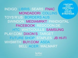 I PARTNER
                                 SONO
                            CENTRALI
INDIGO LIBRIS SEARS FNAC      PER LA
                             NOSTRA
        MONDADORI COLLINS STRATEGIA
TOYS’R’US BORDERS AUS
  SWINDON MEDIAMRKT PANDIGITAL
      FACEBOOK REDCOON.DE
    HTC WHITCOULLS SAMSUNG
PLAY.COM DIXON’S TARGET
   FUTURE SHOP STAPLES JB HI-FI
WHSMITH BUY.COM ASDA
       BELL ACER WALMART
 