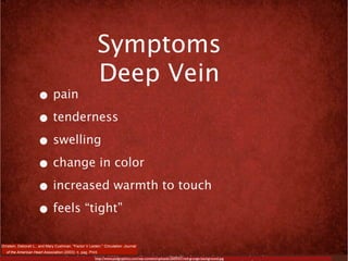 Symptoms
                                                          Deep Vein
                      • pain
                      • tenderness
                      • swelling
                      • change in color
                      • increased warmth to touch
                      • feels “tight”
Ornstein, Deborah L., and Mary Cushman. "Factor V Leiden." Circulation: Journal
   of the American Heart Association (2003): n. pag. Print.
                                                         http://www.psdgraphics.com/wp-content/uploads/2009/07/red-grunge-background.jpg
 