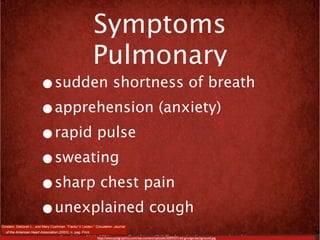 Symptoms
                                                              Pulmonary
                         •sudden shortness of breath
                         •apprehension (anxiety)
                         •rapid pulse
                         •sweating
                         •sharp chest pain
                         •unexplained cough
Ornstein, Deborah L., and Mary Cushman. "Factor V Leiden." Circulation: Journal
   of the American Heart Association (2003): n. pag. Print.
                                                              http://www.psdgraphics.com/wp-content/uploads/2009/07/red-grunge-background.jpg
 