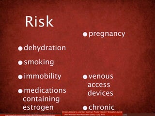 Risk
                                                                                                  •pregnancy
               •dehydration
               •smoking
               •immobility                                                                        •venous
                                                                                                          access
               •medications                                                                               devices
                        containing
                        estrogen
http://www.ﬂickr.com/photos/r000pert/80415260/sizes/m/in/photostream/
                                                                                                  •chronic
                                                                        Ornstein, Deborah L., and Mary Cushman. "Factor V Leiden." Circulation: Journal
                                                                           of the American Heart Association (2003): n. pag. Print.
 