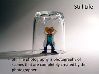 Still LifeStill life photography is photography of scenes that are completely created by the photographer.