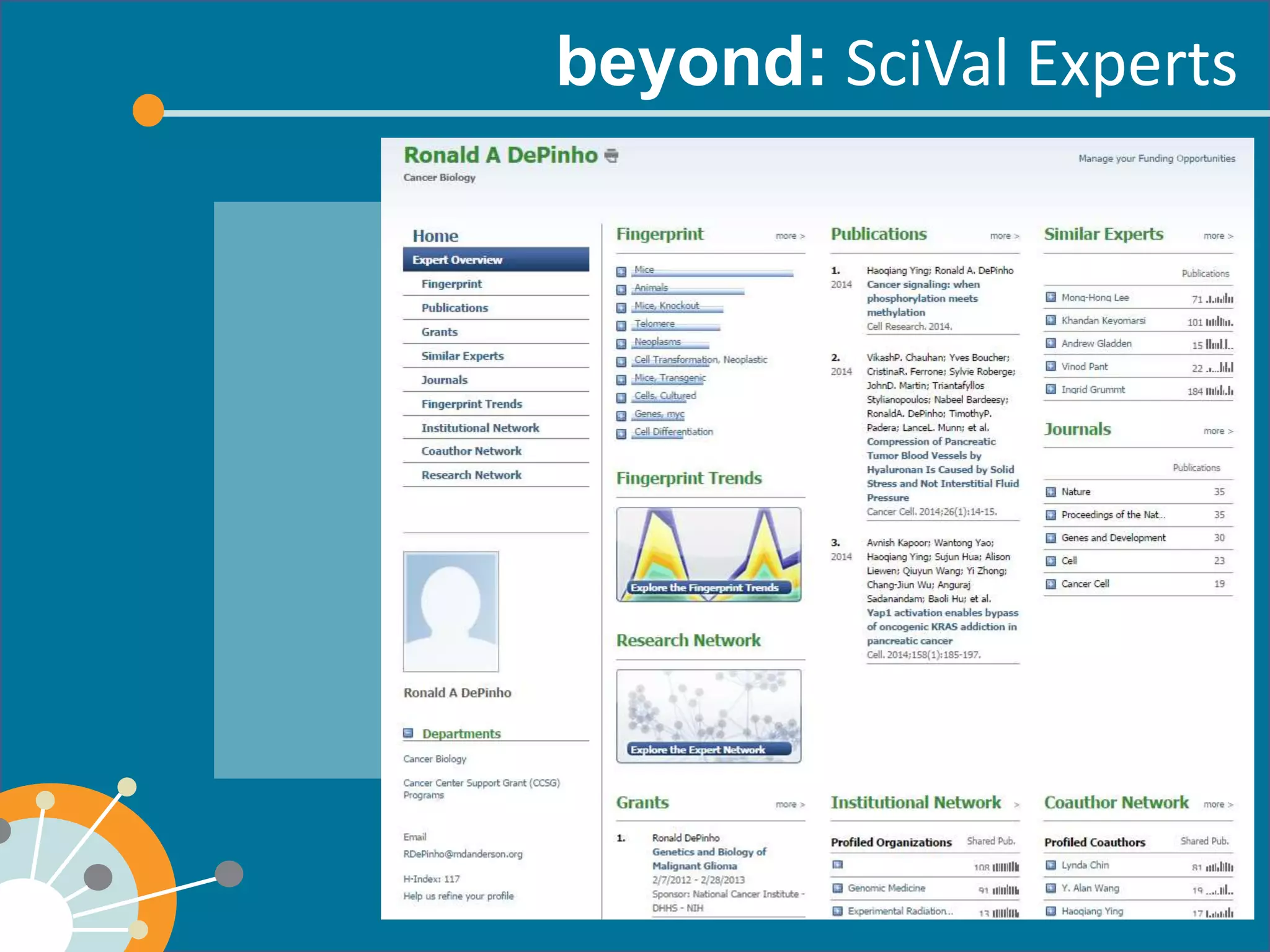 SciVal Experts 
MD Anderson specific 
search by last name, department, concept 
 