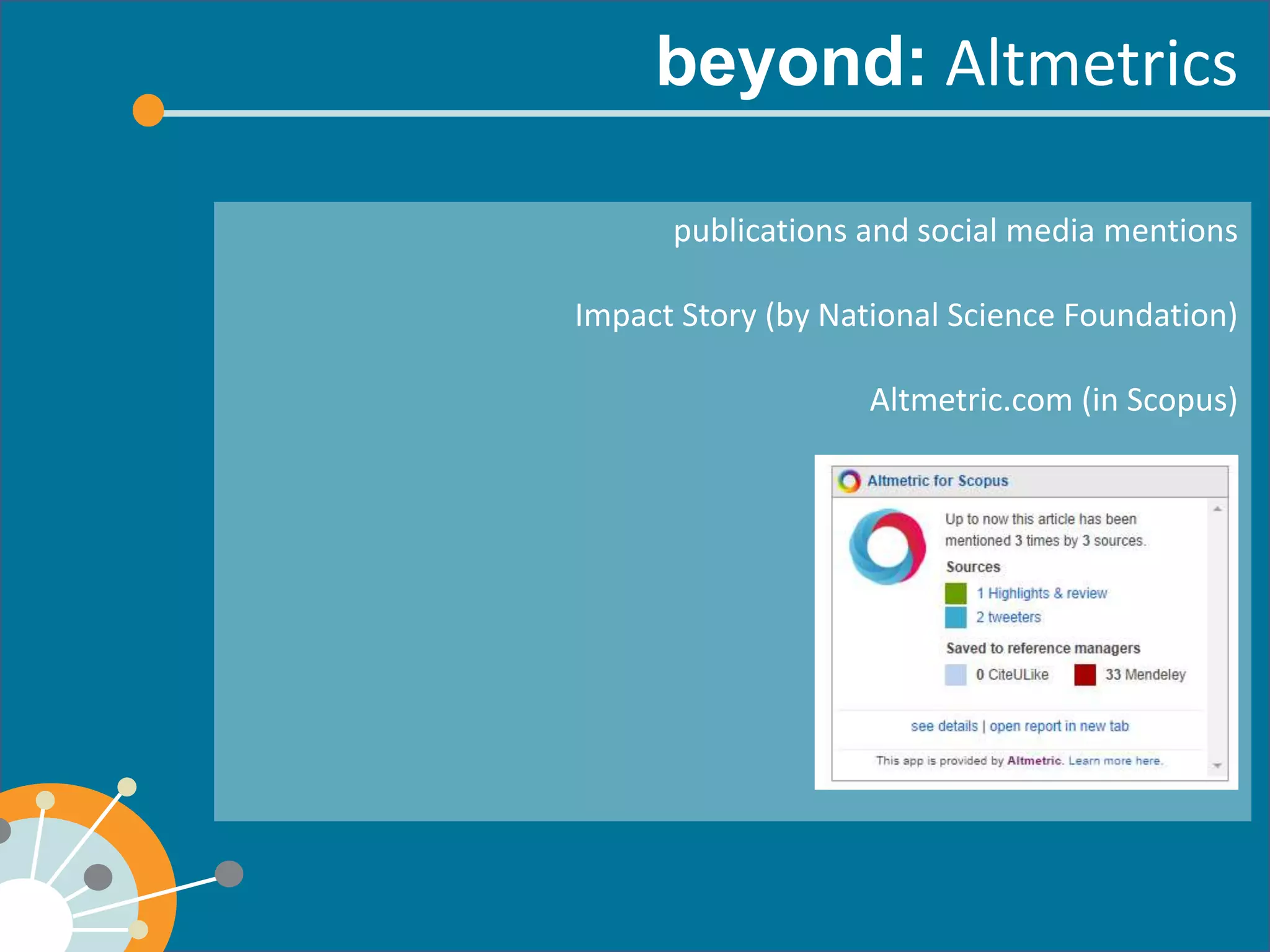 Altmetrics 
publications and social media mentions 
Impact Story (by National Science Foundation) 
Altmetric.com (in Scopus) 
 
