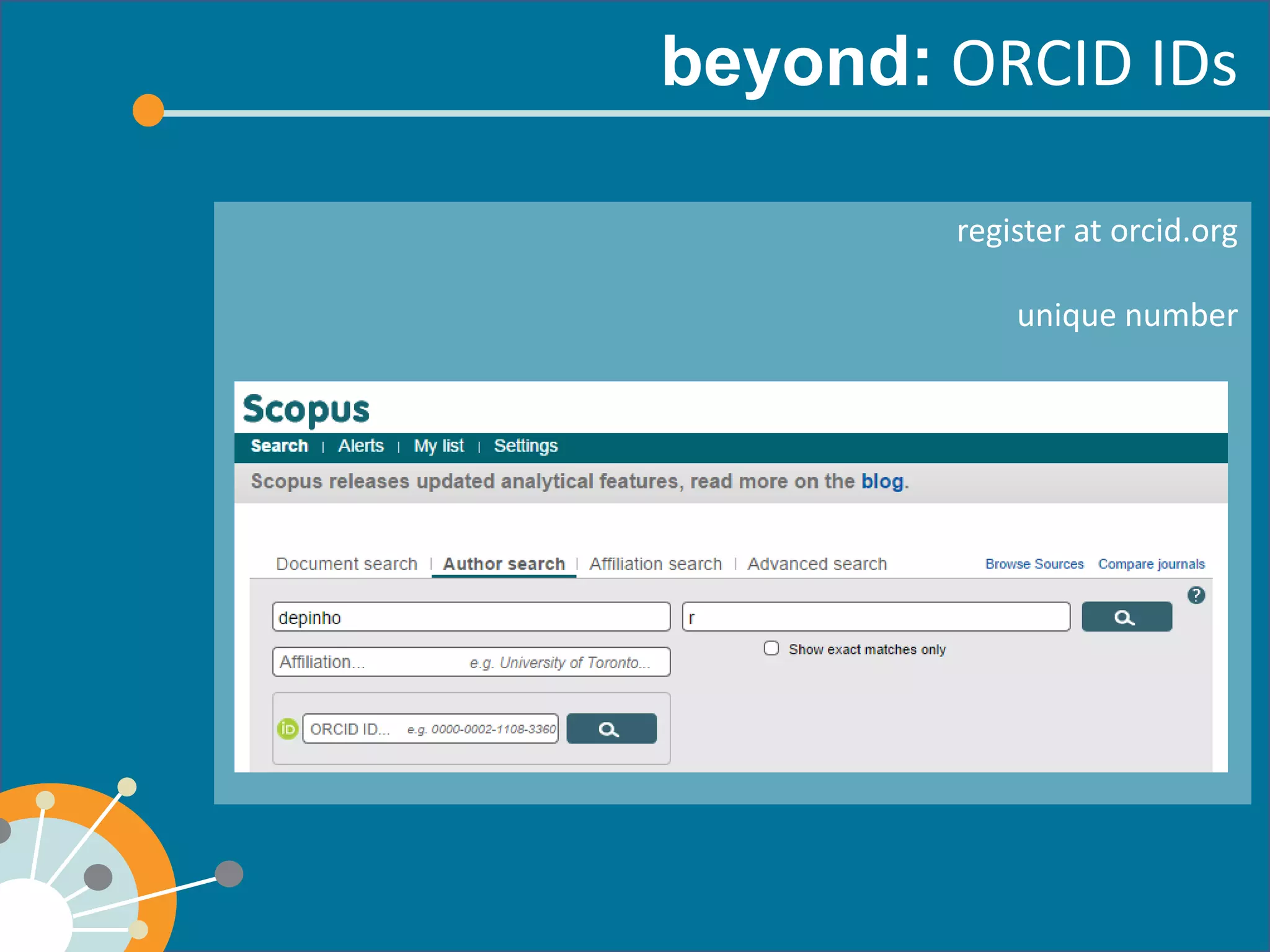 ORCID IDs 
register at orcid.org 
unique number 
 