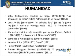 HUMANIDAD
• Sofía Rostopchine, condesa de Segur (1799-1874) “Las
desgracias de Sofía” (1859) “Memorias de un burro” (1859)
• Oscar Wilde (1854-1900) “El príncipe feliz” (1888) “El joven
rey (en A house of Pomegranates 1891) “El fantasma de
Canterville” (1891)
• Carlos Lorenzini o más conocido por su seudónimo, Collodi
(1826-1890) “Le Avventure di Pinocchio” (1883)
• Edmondo d´Amicis (1846-1908) “Corazón” (1886)
• Johanna Spiry (1829-1901) “Heidi” (1981)
• Héctor Malot (1830-1907) “Sin familia” (1878)
• Frances Hodgson Burnett (1849-1924) “El pequeño lord
Fauntleroy (1886) “El jardín secreto” (1911) 13
 