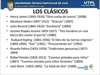 LOS CLÁSICOS
• Henry James (1843-1916) “Otra vuelta de tuerca” (1898)
• Abraham Stoker (1847-1912) “Drácula” (1897)
• Jules Renard (1864-1910) “Zanahoria” (1894)
• Jerome Klapka Jerome 1859-1927) “Tres hombres en una
barca (Sin contar el perro)” (1889)
• Rudyard Kipling (1865-1936) “El libro de las tierras vírgenes”
(1894-1895) “Kim” (1901) “Precisamente así” (1902)
• Ricardo Palma (1833-1919) “Tradiciones peruanas) (1872-
1894)
• Rafael Pombo (1833-1912) “Cuentos pintados para niños”
(1867) “Cuentos morales para niños formales” (1869)
• José Martí (1853-1895) “La Edad de Oro” (1989)
14
 