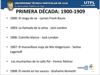 PRIMERA DÉCADA: 1900-1909
• 1900: El mago de oz - Lyman Frank Baum
• 1903: La llamada de la selva - Jack London
• 1906: Colmillo blanco - Jack London
• 1907: El maravilloso viaje de Nils Holgersson - Selma
Lagerloff
• Los muchachos de la calle Pal - Ferenc Molnar
• 1908: El viento en los sauces - Grahame Kenneth 16
 