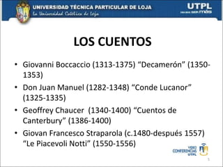 LOS CUENTOS
• Giovanni Boccaccio (1313-1375) “Decamerón” (1350-
1353)
• Don Juan Manuel (1282-1348) “Conde Lucanor”
(1325-1335)
• Geoffrey Chaucer (1340-1400) “Cuentos de
Canterbury” (1386-1400)
• Giovan Francesco Straparola (c.1480-después 1557)
“Le Piacevoli Notti” (1550-1556)
5
 