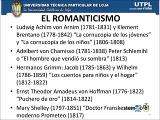 EL ROMANTICISMO
• Ludwig Achim von Arnim (1781-1831) y Klement
Brentano (1778-1842) “La cornucopia de los jóvenes”
y “La cornucopia de los niños” (1806-1808)
• Adelbert von Chamisso (1781-1838) Peter Schlemihl
o “El hombre que vendió su sombra” (1813)
• Hermanos Grimm: Jacob (1785-1863) y Wilhelm
(1786-1859) “Los cuentos para niños y el hogar”
(1812-1822)
• Ernst Theodor Amadeus von Hoffman (1776-1822)
“Puchero de oro” (1814-1822)
• Mary Shelley (1797-1851) “Doctor Franskestein” o el
moderno Prometeo (1817) 8
 