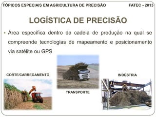 LOGÍSTICA DE PRECISÃO
 Área específica dentro da cadeia de produção na qual se
compreende tecnologias de mapeamento e posicionamento
via satélite ou GPS
TÓPICOS ESPECIAIS EM AGRICULTURA DE PRECISÃO FATEC - 2013
CORTE/CARREGAMENTO
TRANSPORTE
INDÚSTRIA
 