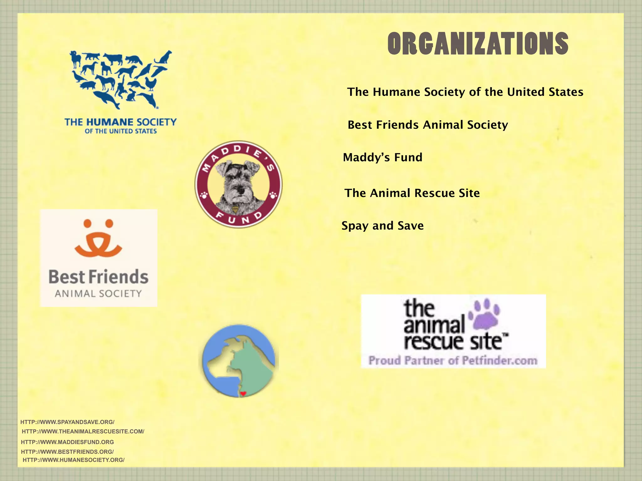 ORGANIZATIONS
                                      The Humane Society of the United States

                                      Best Friends Animal Society

                                      Maddy’s Fund


                                      The Animal Rescue Site

                                      Spay and Save




HTTP://WWW.SPAYANDSAVE.ORG/
HTTP://WWW.THEANIMALRESCUESITE.COM/
HTTP://WWW.MADDIESFUND.ORG
HTTP://WWW.BESTFRIENDS.ORG/
HTTP://WWW.HUMANESOCIETY.ORG/
 