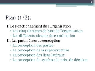 3




Plan (1/2):
I. Le Fonctionnement de l'Organisation
   ▫ Les cinq éléments de base de l'organisation
   ▫ Les différents niveaux de coordination
II. Les paramètres de conception
   ▫ La conception des postes
   ▫ La conception de la superstructure
   ▫ La conception des liens latéraux
   ▫ La conception du système de prise de décision
 