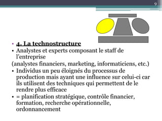 9




• 4. La technostructure
• Analystes et experts composant le staff de
  l’entreprise
(analystes financiers, marketing, informaticiens, etc.)
• Individus un peu éloignés du processus de
  production mais ayant une influence sur celui-ci car
  ils utilisent des techniques qui permettent de le
  rendre plus efficace
• = planification stratégique, contrôle financier,
  formation, recherche opérationnelle,
  ordonnancement
 