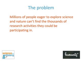 The problem Millions of people eager to explore science and nature can’t find the thousands of research activities they could be participating in. 