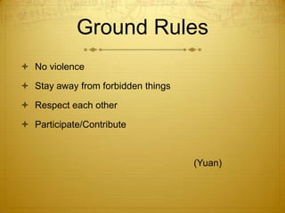 Ground RulesNo violence Stay away from forbidden thingsRespect each otherParticipate/Contribute                                                                  (Yuan)   