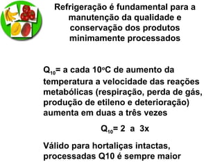 Refrigeração é fundamental para a
manutenção da qualidade e
conservação dos produtos
minimamente processados
Q10= a cada 10o
C de aumento da
temperatura a velocidade das reações
metabólicas (respiração, perda de gás,
produção de etileno e deterioração)
aumenta em duas a três vezes
Q10= 2 a 3x
Válido para hortaliças intactas,
processadas Q10 é sempre maior
 