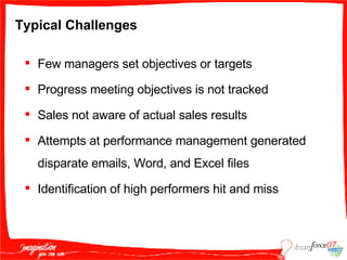 Typical Challenges Few managers set objectives or targets Progress meeting objectives is not tracked Sales not aware of actual sales results Attempts at performance management generated disparate emails, Word, and Excel files Identification of high performers hit and miss 