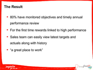 The Result 80% have monitored objectives and timely annual performance review For the first time rewards linked to high performance Sales team can easily view latest targets and actuals along with history “a great place to work” 