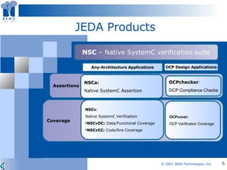 JEDA Products Assertions NSC  – Native SystemC verification suite Any-Architecture Applications OCP Design Applications NSCa: Native SystemC Assertion OCPchecker : OCP Compliance Checks Coverage NSCv :  Native SystemC Verification NSCvDC:  Data/Functional Coverage NSCvCC:  Code/line Coverage OCPcover:  OCP Verification Coverage 