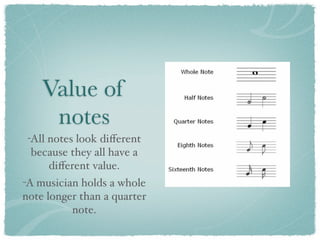 Value of
     notes
 -All notes look diﬀerent
  because they all have a
      diﬀerent value.
-A musician holds a whole
note longer than a quarter
          note.
 
