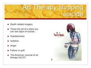 Art Therapy Helping with PTSDUsed as an isomorphic interventionUsed to bring out the feelings from the past that might have caused the PTSDBuilds self esteem because of the art the client has created 	(American Journal of Art Therapy)