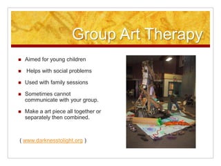 What is Art Therapy?“A human service profession that uses art media, images, the creative process, and patient/client responses to the created products as reflections of an individual's development, abilities, personality, interests, concerns, and conflicts.” (http://www.nccata.org/art_therapy.htm)A way to express your feeling, problems or personality through the art you create. 