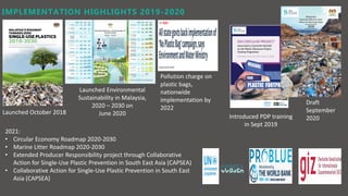 IMPLEMENTATION HIGHLIGHTS 2019-2020
Launched October 2018
Launched Environmental
Sustainability in Malaysia,
2020 – 2030 on
June 2020
Draft
September
2020Introduced PDP training
in Sept 2019
2021:
• Circular Economy Roadmap 2020-2030
• Marine Litter Roadmap 2020-2030
• Extended Producer Responsibility project through Collaborative
Action for Single-Use Plastic Prevention in South East Asia (CAPSEA)
• Collaborative Action for Single-Use Plastic Prevention in South East
Asia (CAPSEA)
Pollution charge on
plastic bags,
nationwide
implementation by
2022
 